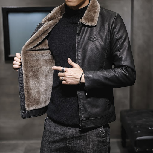 Title 2, Mens plush padded leather jacket with fur lape...