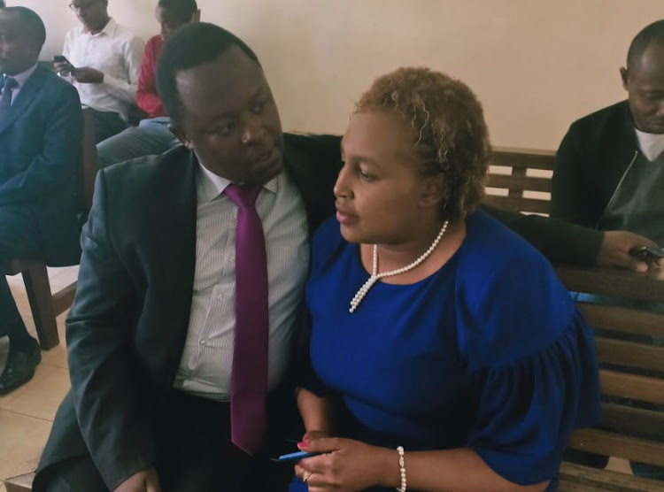 Marianne Kitany with her lawyer in court on Wednesday 28, 2018 waiting to testify against divorce case with Meru Senator Mithika Linturi.