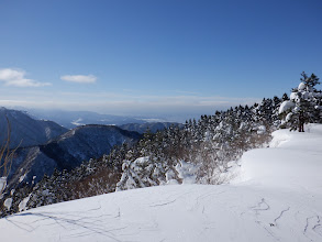 樹林帯を抜ける（中央に琵琶湖）