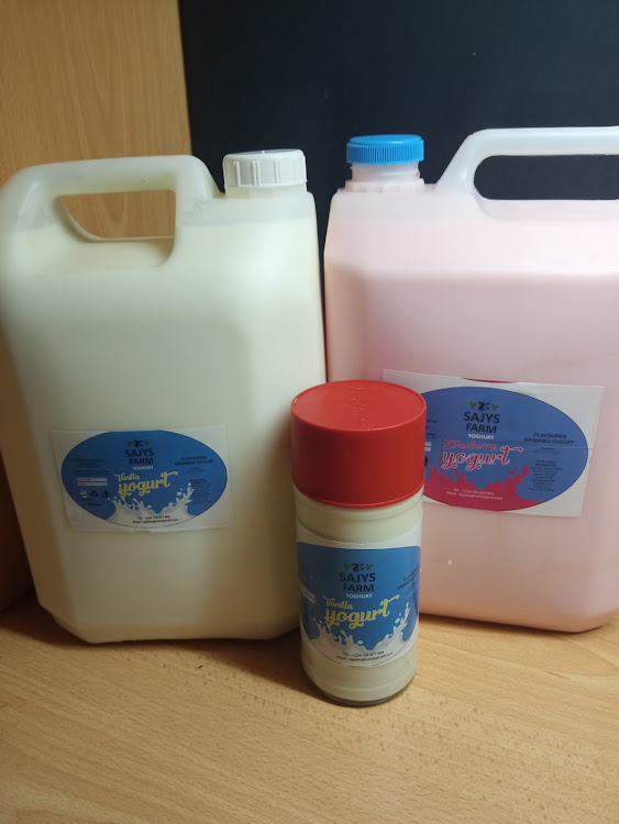 5 litre bottles of vanilla and strawberry yoghurt from Sajys Farm Yoghurt in Ruai, Nairobi County.