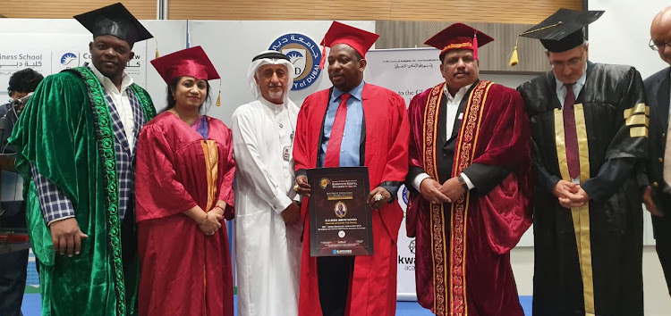 Nairobi Governor Mike Sonko receives an award for an honorary Doctorate in Excellence in recognition of his long-standing contribution in service to humankind by the European Digital University at Dubai on July 7, 2019.