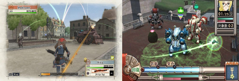 a side by side view of the ARMS combat system in Sakura Wars and Valkyria Chronicles