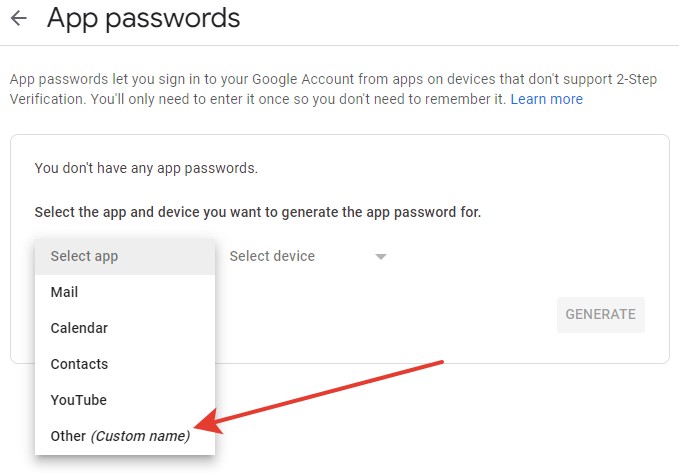 Google account app passwords page with arrow pointing to "Other (custom name)"