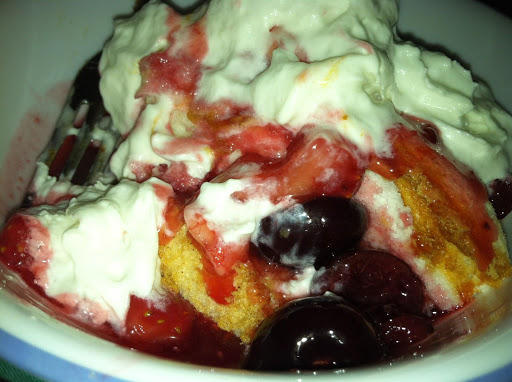 Angel Food Cake, Bing Cherries, Strawberries and Whipped Cream.