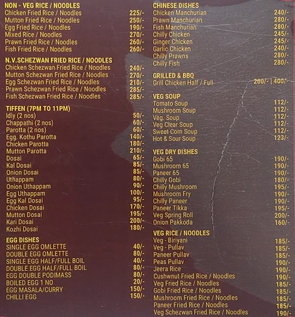 Ponnusamy Hotels menu 