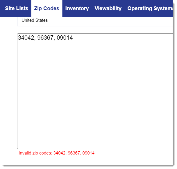 Screenshot from an ad buying platform (DSP), showing geolocation targeting does not work properly for certain Armed Forces postal codes