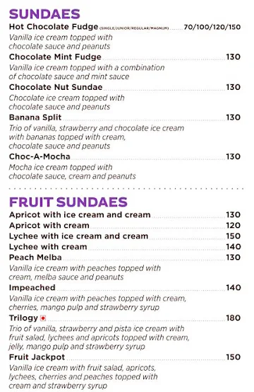 Corner House Ice Cream menu 