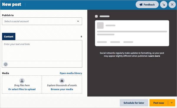 Template to create a new social media post for a content calendar and scheduler.