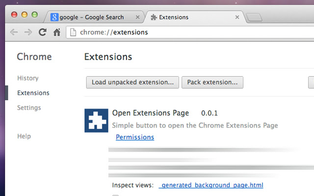 Open Extensions Page