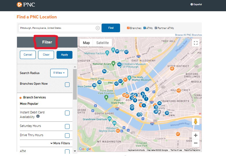 Filtering PNC Bank branches or ATMs