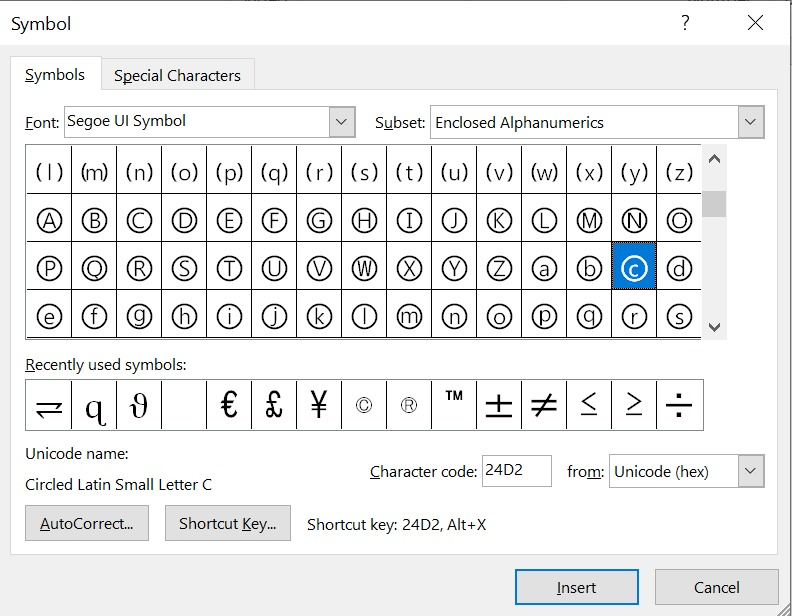 searching for lowercase Circled C Symbols text using the character code