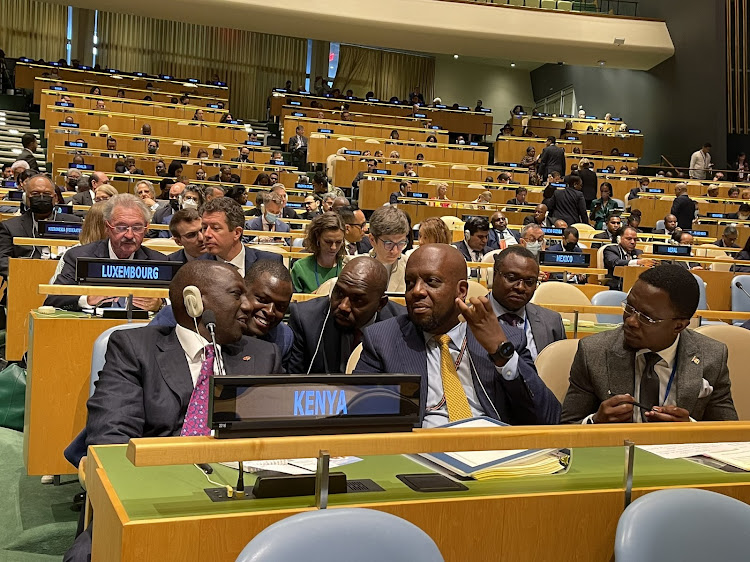 President William Ruto, Kenya's envoy to UN Martin Kimani, Foreign Policy Adviser Ababu Namwamba and other delegates during 77th Session of the UN General Assembly in the New York City, USA.