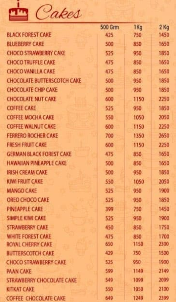 Bake Delight menu 