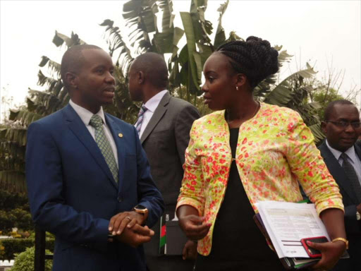 ICT cabinet secretary Joe Mucheru Presidential Digital Talent Program Advisory council member Jackie Ogonji at the Kenya School of Government during the launch of one week induction programme for 400 graduate trainees in the PDTP 2017-2017 on September 5,2016/photo by JOSEPH NDUNDA