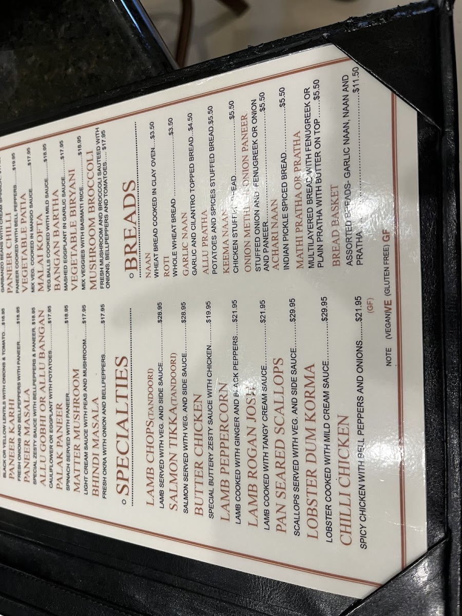 India Garden Restaurant gluten-free menu