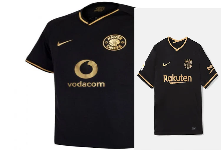 Kaizer Chiefs' commemorative 50th anniversary jersey (left) is strikingly similar to Barcelona's new away shirt (right), both produced by Nike.