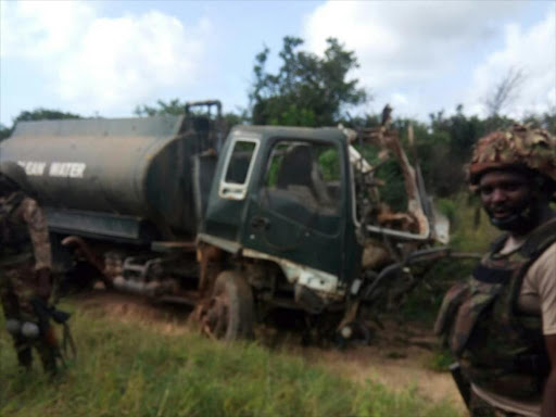 The wreckage of the water bowser which was hit by an IED in Lamu on Wednesday, August 29, 2018. /COURTESY