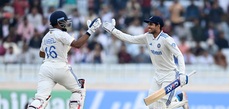 India batsmen Shubman Gill, right, and Dhruv Jurel celebrate the winning runs against England at JSCA International Stadium Complex in Ranchi, India, February 26 2024. Picture: GARETH COPLEY/GETTY IMAGES