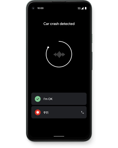 A screen shows Pixel sensing a car accident, and helps you reach emergency services when you can’t.