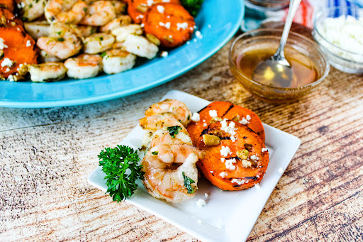 Grilled Shrimp and Sweet Potatoes on a plate.