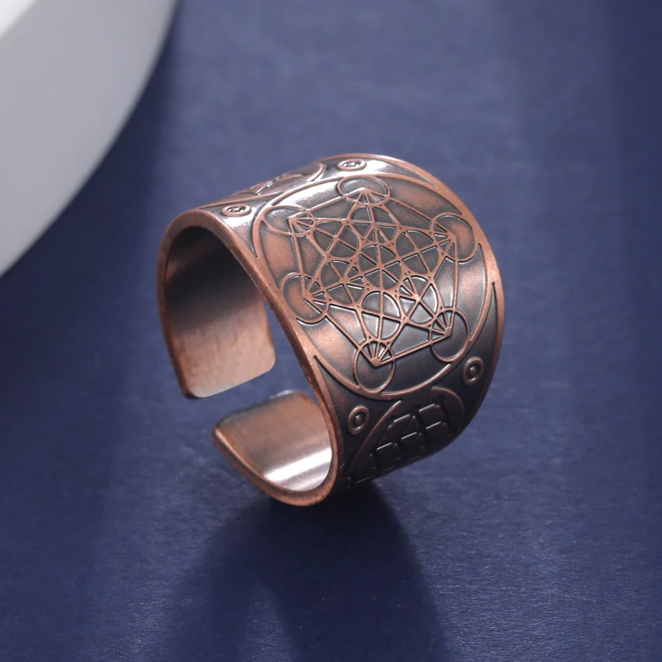 Copper Hexagonal Round Angel Pattern Vintage Ring. Unique design, perfect for adding a touch of retro elegance to any ou