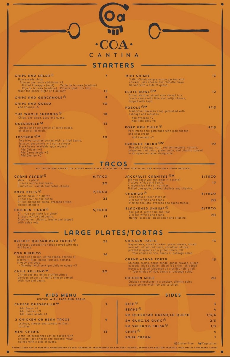 Coa Cantina gluten-free menu