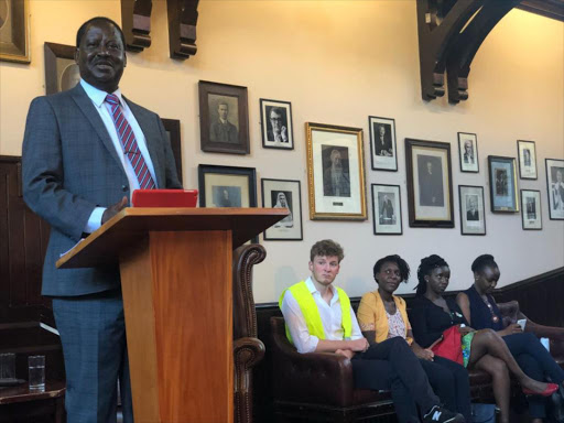 Raila Odinga delivering a lecture titled "Africa in a changing world" at Cambridge University. /COURTESY