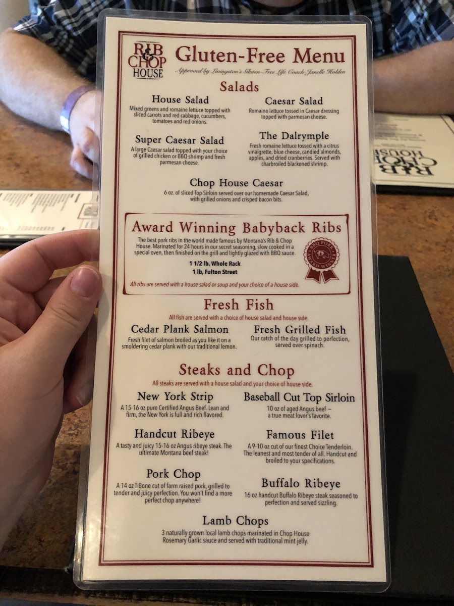 Front of the gluten free menu