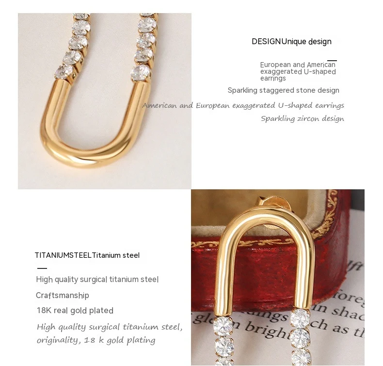 French Choker Earrings exaggerated U-shaped inlaid zircon design, 18K gold plated titanium steel. Elegant and modern ear