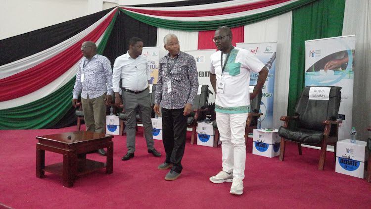 Some of the Kwale governor candidates attend debate at Kenya School of Government in Matuga subcounty, Kwale county, on Saturday, July 16, 2022.