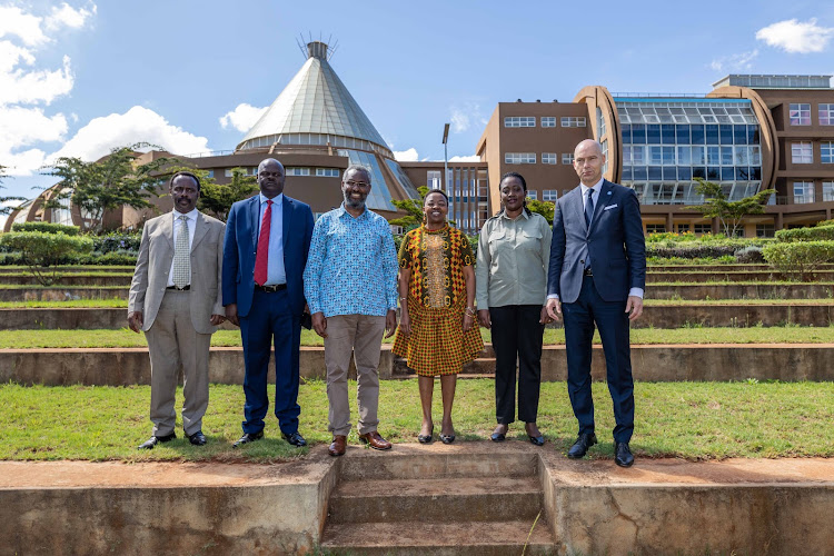 First Lady Rachel Ruto and Environment and Forestry CS Soipan Tuya with other officials at the launch of the Africa Adaptation Acceleration Programme at the Wangari Maathai Institute in Nairobi on Friday December 9.