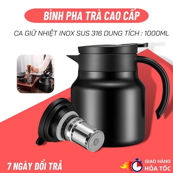 Ấm Pha Trà Giữ Nhiệt Cao Cấp Inox 316 1L - Bình Giữ Nhiệt Đựng Nước Nóng Tiện Lợi