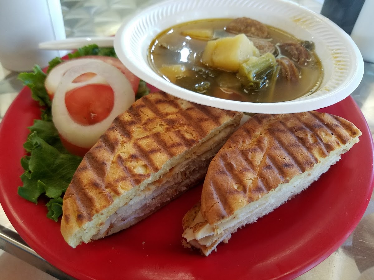 Turkey panini with sausage, kale, potatoe soup
