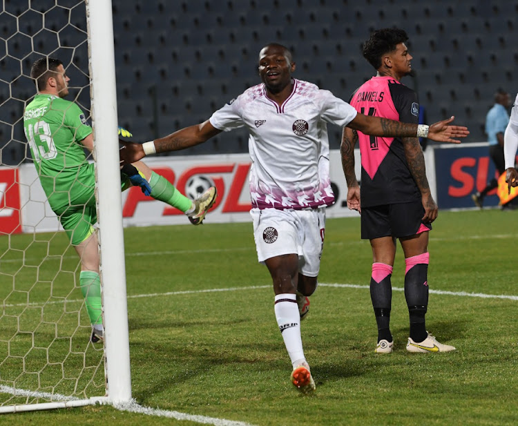 Tshegofatso Mabasa of Swallows celebrates his 1st goal during the DStv Premiership match between Moroka Swallows and Cape Town Spurs at Dobsonville Stadium on Wednesday