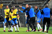 Percy Tau of Mamelodi Sundowns celebrates goal with teammates during the Absa Premiership 2017/18 match between Mamelodi Sundowns and Supersport United at Lucas Moripe Stadium, Pretoria on 2 February 2018.