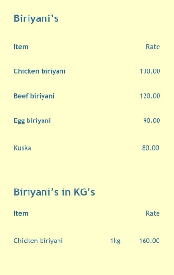 Mughal Biriyani menu 