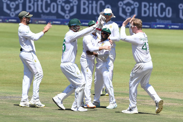 The Proteas celebrate the wicket of West Indies batter Jermaine Blackwood on Saturday.