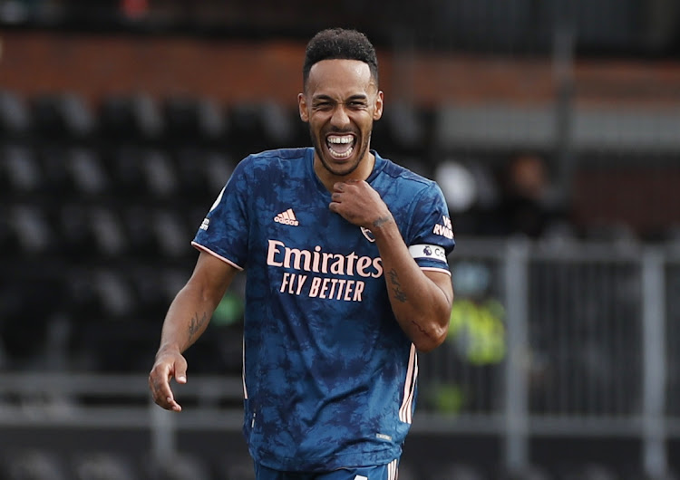 Arsenal's Pierre-Emerick Aubameyang celebrates scoring against Fulham in the Premier League match at Craven Cottage, London on September 12, 2020