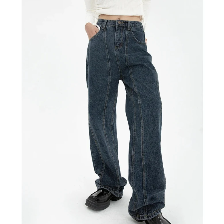 Jean Droit Américain Rétro Design Double Ligne de Pression Style High Street Taille Haute Confort et Style pour un Look Tendance