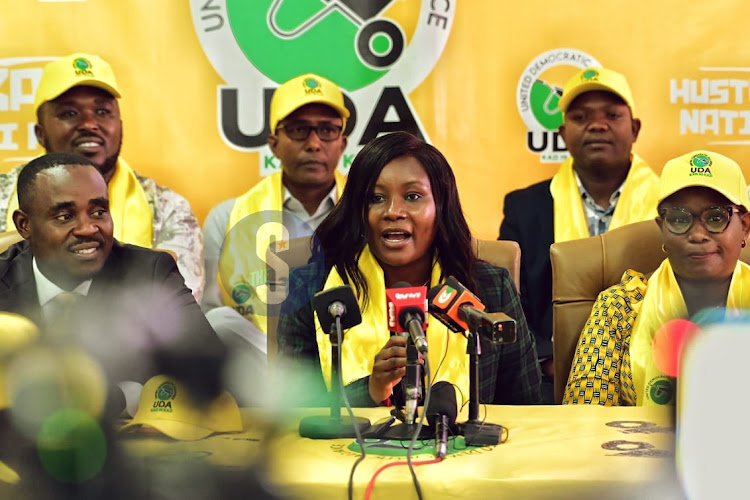 UDA chairperson Cecily Mbarire and the party's Secretary General Cleophas Malala addressing the media at party headquarters along Ngong road, Nairobi on April 3 2024