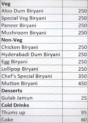 Biryani Flavor menu 