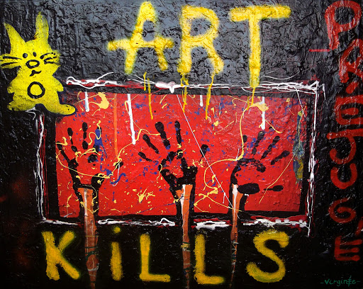 art kills préjugé, Style BD peinture acrylique artiste peintre barre virginie les poissons, tableaux pop art gais colorés décoration murale