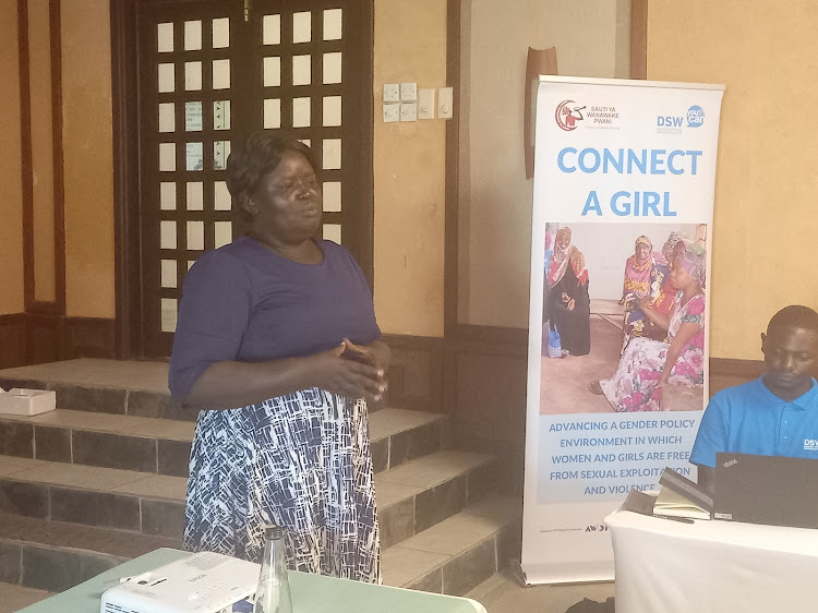 County Gender Officer Nelly Amoite during a Connect A Girl project stakeholders meeting at Diani in Kwale County on Thursday, February 15, 2024.