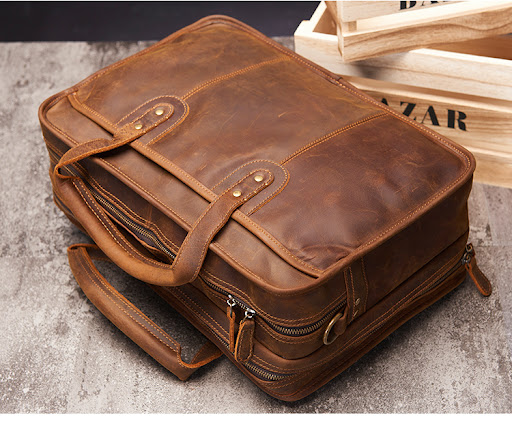Title 8, Large Capacity Retro Crazy Horse Leather Briefc...