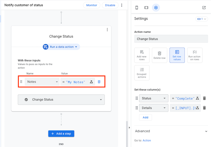 自動化で動的入力を使用する [Run a data action]