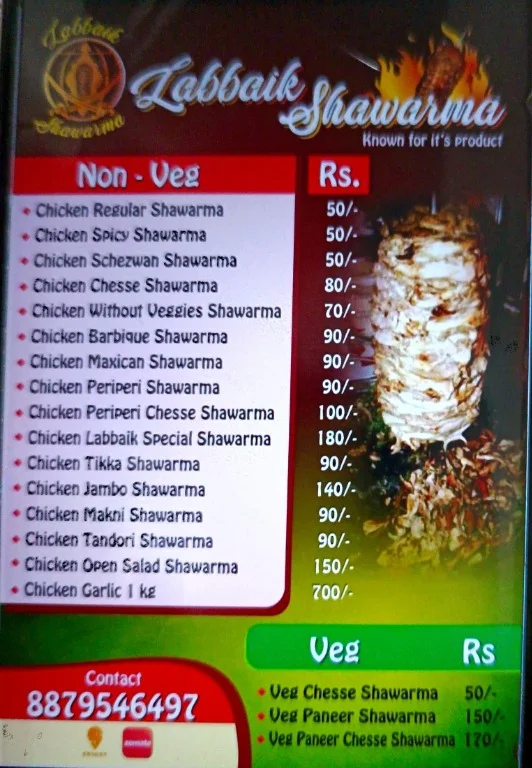 Labbaik Shawarma menu 