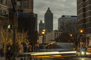 Tall buildings and light trails