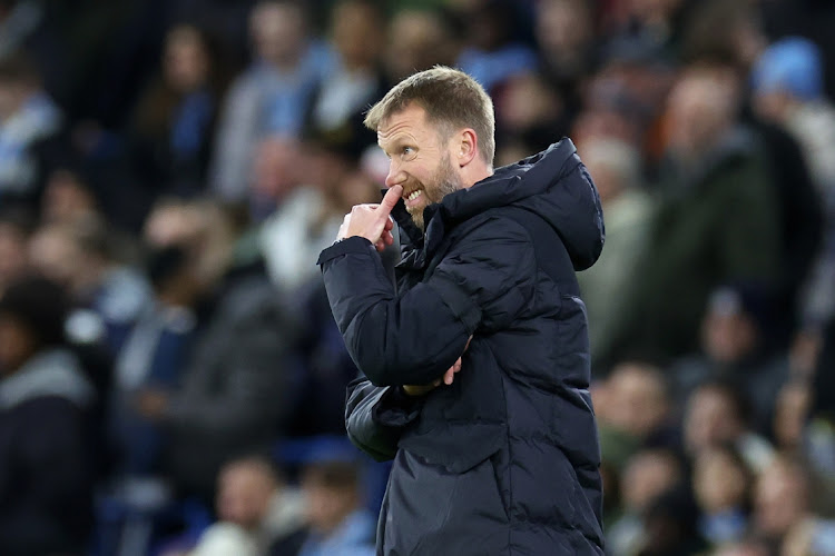 Chelsea manager Graham Potter reacts during the FA Cup Third Round match against Manchester City at Etihad Stadium on January 08, 2023 in Manchester, England.