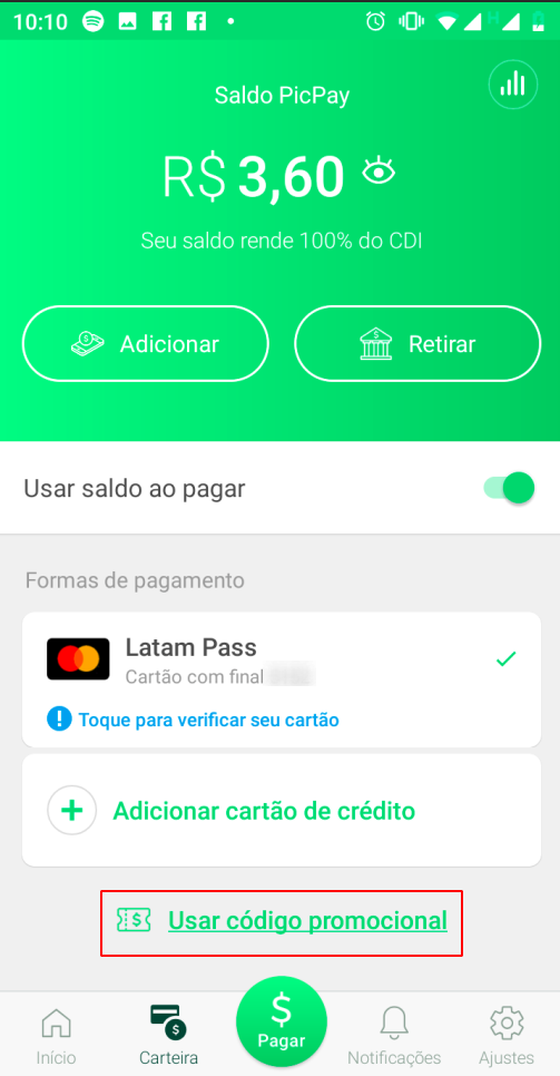 Aplicando o código promocional do PicPay