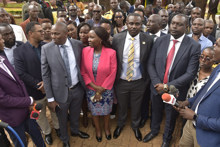 Majority Leader Kimani Ichung'wah, Embu Governor Cecily Mbarire, UDA Secretary General Cleophas Malala among other leaders at the Bomas of Kenya ahead of the UDA National Governing Council meeting on September 28 2023